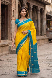 Sunshine Gold Yellow Mysore Crepe Silk Saree With Checks Design And Zari Border 10076252