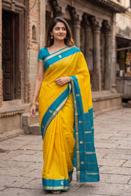 Sunshine Gold Yellow Mysore Crepe Silk Saree With Checks Design And Zari Border 10076252