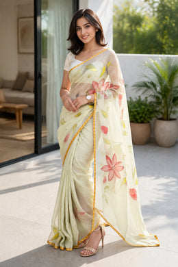 Cream Hand Painted Organza Saree 10065920