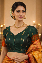 Forest Night Green Kanjivaram Soft Silk Blouse With Geometric Motifs 10076614