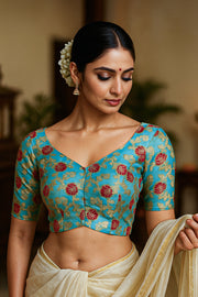 Blue Banarasi Organza Blouse with Floral Motif 10076219