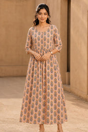 Peach Hand Block Printed Cotton Dress 10077621