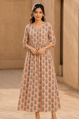 Peach Hand Block Printed Cotton Dress 10077621