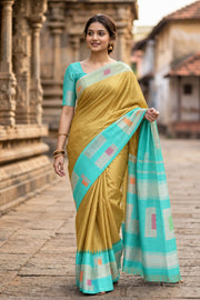 Warm Yellow Ettukol Kanjivaram Silk Saree with Contrast Border 10077907