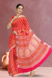 Orange Hand Block Printed Linen Saree 10064445