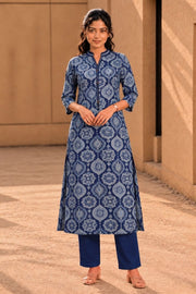 Blue Hand Block Printed Cotton Kurta 10077672
