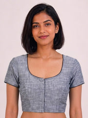 Grey Handcrafted Slub Cotton Solid Style Blouse 10073176