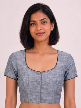 Grey Handcrafted Slub Cotton Solid Style Blouse 10073176