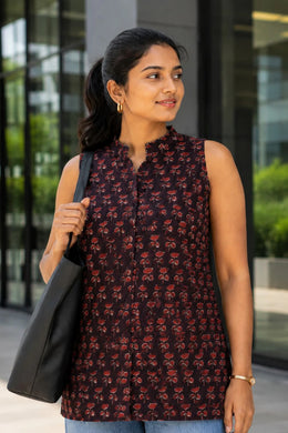 Black Jahota Hand block Printed Women Sleevless Shirt 10077194
