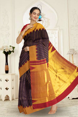 Deep Brown Ettukol Kanjivaram Silk Saree 10075531