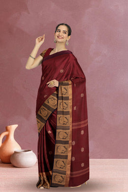 Maroon Handloom Chettinad Cotton Saree Without Blouse 10075178