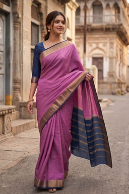 Rose Blossom Pink Mysore Crepe Silk Saree With Zari Border 10076232