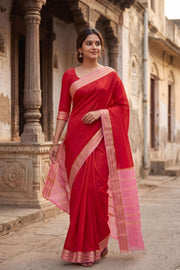 Cherry Blossom Red Mysore Crepe Silk Saree With Zari Border 10076228