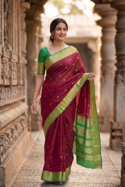 Chilli Red Mysore Crepe Silk Saree With Geometric Butta Design And Zari Border 10076658