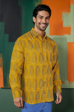 Mustard Yellow Full Sleeve Ajrakh Printed Cotton Mens Shirt 10071154