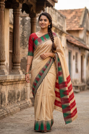 Beige Kanjivaram Vegan Silk Saree with Temple Border 10077949
