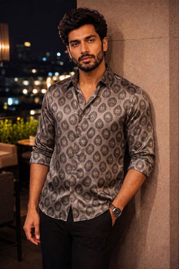 Grey Full Sleeve Vanaspathi Print Modal Silk Mens Shirt 10074059