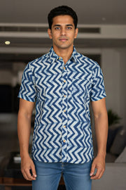 Indigo Handblock Print Pre-Washed Pure Cotton Shirt 10076222
