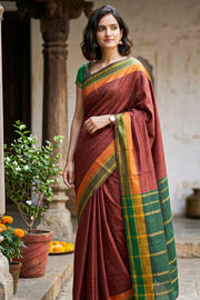 Maroon Kanjivaram Vegan Silk Saree With Checks Design 10076320