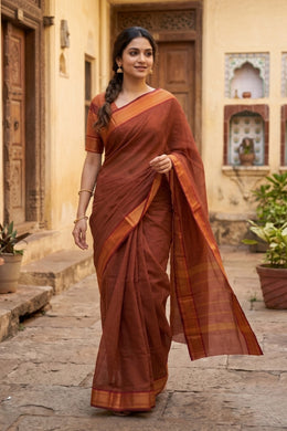 Dusty Brown Handloom Chettinad Cotton Saree 10077343
