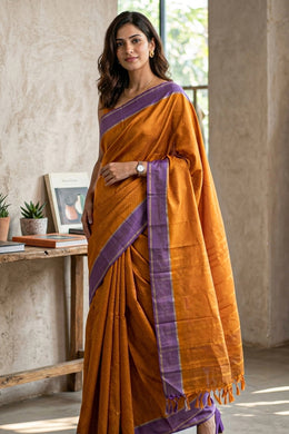 Dark Orange Kanjivaram Vegan Silk Saree with Color Block Design 10075554