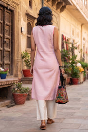Pink Handcrafted Solid Style Sleeveless Cotton Kurta 10077457
