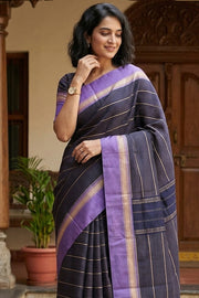 Kanjivaram Blue Vegan Silk Saree With Stripes Design 10076332
