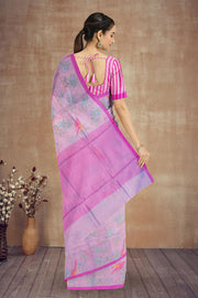 Lavender Parrot Motifs Chanderi Printed Silk Cotton Saree 10075928