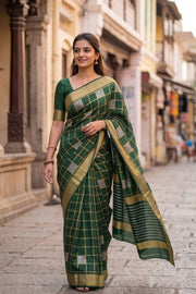 Jungle Leaf Green Mysore Crepe Silk Saree With Checks And Zari Border 10076662