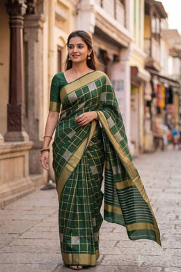 Jungle Leaf Green Mysore Crepe Silk Saree With Checks And Zari Border 10076662