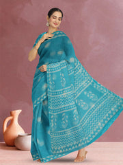 Vivid Sky-Blue Dabu Print Kota Cotton Saree 10074183