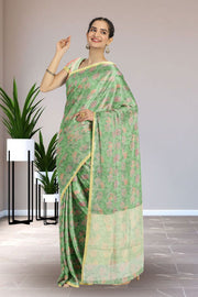 Green Chanderi Printed Silk Cotton Saree 10075366