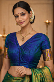 Midnight Royale Blue Kanjivaram Silk Blouse With Floral Zari Border 10076609