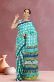 Blue Hand Block Printed Cotton Saree 10071489