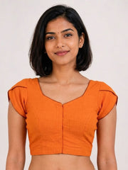 Orange Handcrafted Slub Cotton Solid Style Blouse 10073188