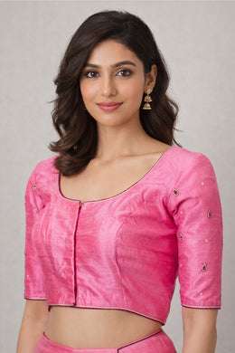 Pink Aari Embroidered Raw Silk Blouse 10066511