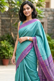 Turkish Blue Kanjivaram Vegan Viscose Silk Saree with Color Block Design 10075551