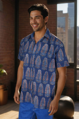 Blue Half Sleeve Ajrakh Printed Cotton Mens Shirt 10071096