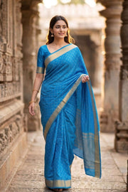 Deep Aqua Blue Mysore Crepe Silk Saree With Geometric Design And Zari Border 10076673