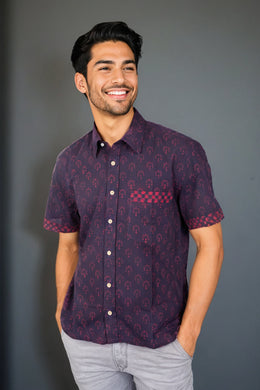 Indigo Handblock Print Pre-Washed Pure Cotton Crop Shirt 10074620