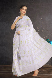 White Handloom Jamdani Style Cotton Saree with Blouse 10074225