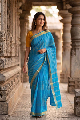 Aqua Sky Blue Mysore Crepe Silk Saree With Stripes Zari Design And Zari Border 10076674