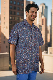 Blue Half Sleeve Ajrakh Printed Cotton Mens Shirt 10071095