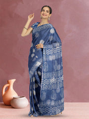Blue Indigo Circle Design Dabu Print Kota Cotton Saree 10074181