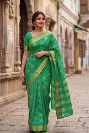 Aqua Mint Green Mysore Crepe Silk Saree With Floral Design And Zari Border 10076680