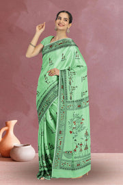 Green Warli Print Bengal Cotton Saree 10075307