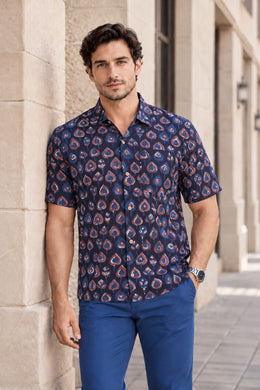 Blue Half Sleeve Jahota Printed Cotton Mens Shirt 10074316