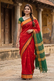 Tomato Red Kanjivaram Silk Cotton Saree 10077966