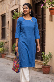 Blue Handcrafted Cotton Stripes Kurta 10077461