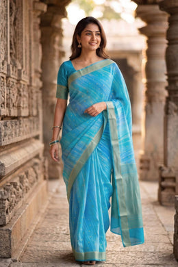 Skyline Blue Mysore Georgette Saree With Floral Butta Design And Zari Border 10076682